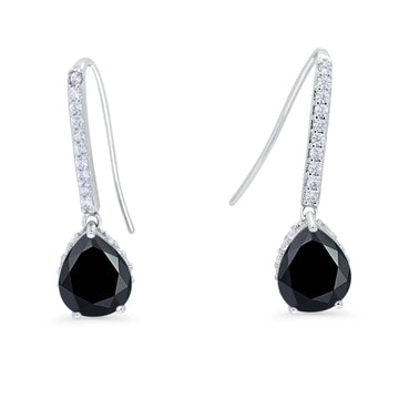 Teardrop Pear Dangling Fish Hook Earrings Black CZ 925 Sterling Silver